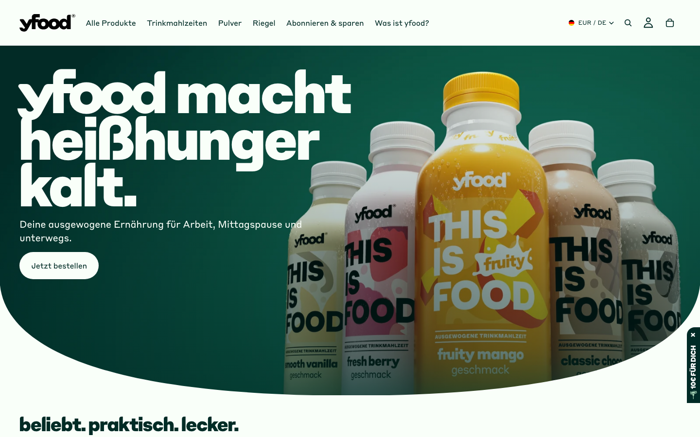 Startseite von yfood mit Trinkmahlzeit-Produkten und Markenauftritt.