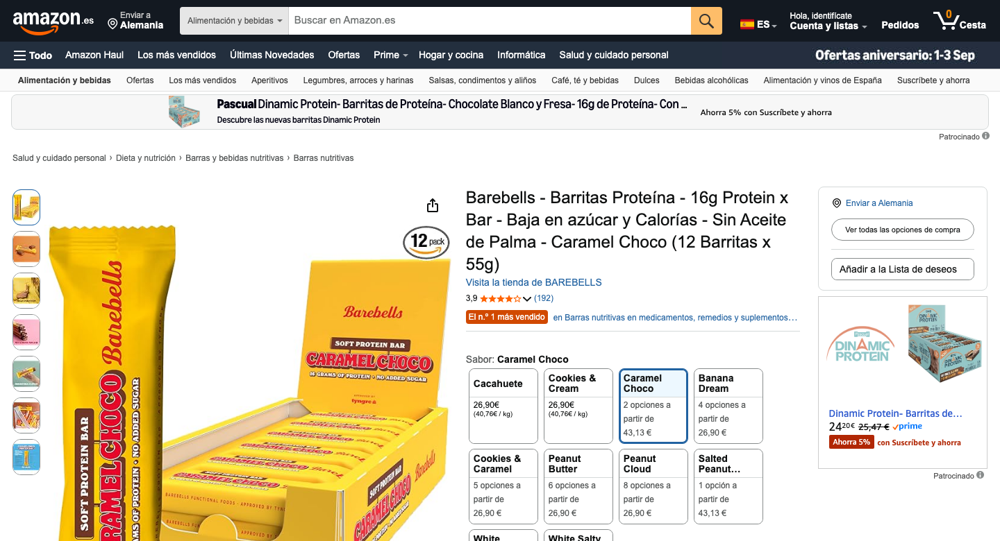 Listado de Barebells Caramel Choco en Amazon.es con precio de 26,90 euros y valoración de 3,9 sobre 5