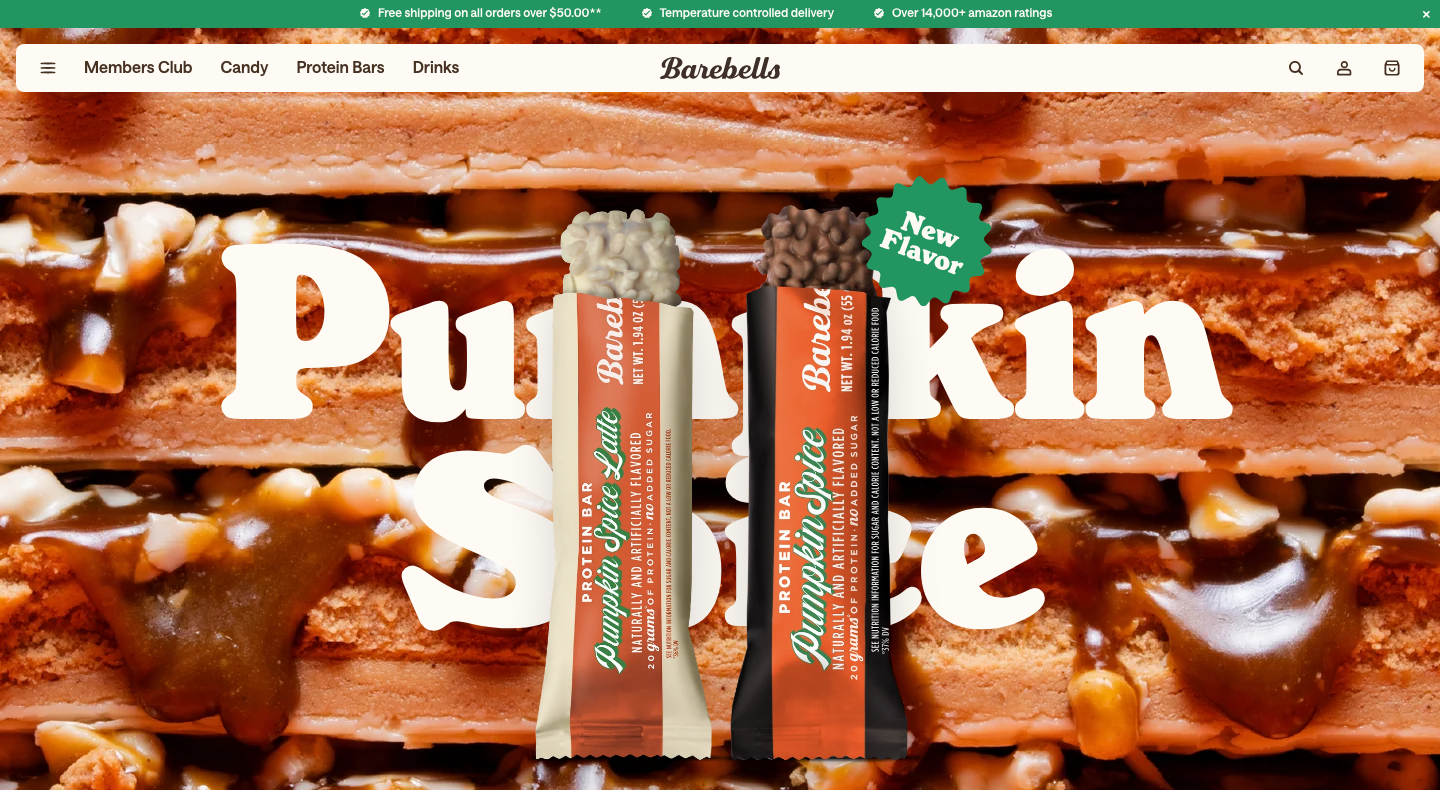 Barebells US protein bar homepage showing the brand's flavor lineup