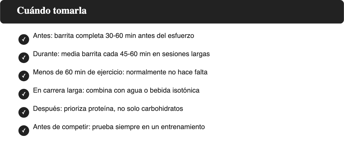 Guía visual de cuándo tomar una barrita energética antes, durante y después del ejercicio