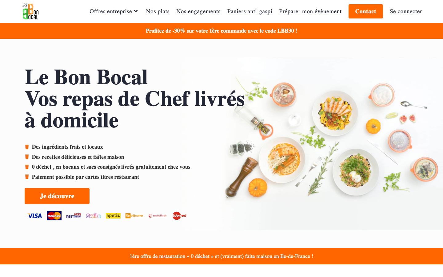 Site Le Bon Bocal presentant ses repas de chef livres en bocaux consignes.