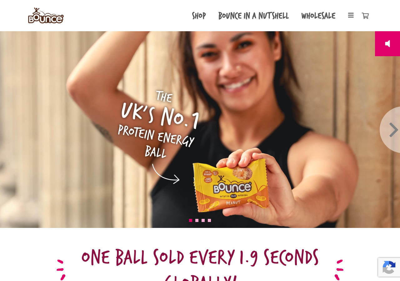 Bounce's official UK site (uk.bouncefoods.com) homepage, describing itself as the UK's number one protein energy ball.