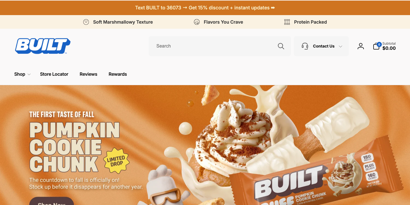 Built Bar homepage showing the Puff protein bar lineup