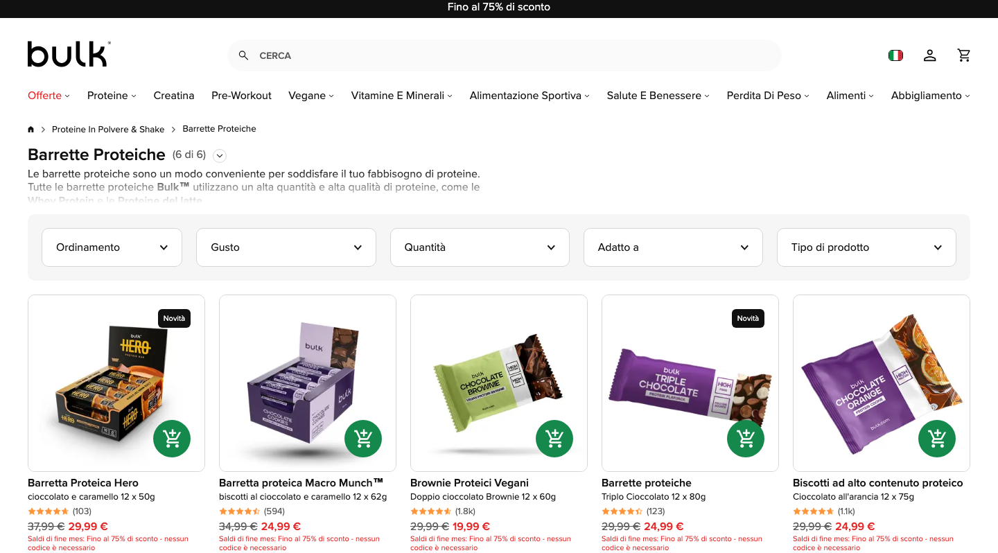 Catalogo delle barrette proteiche Bulk con prezzi in euro.