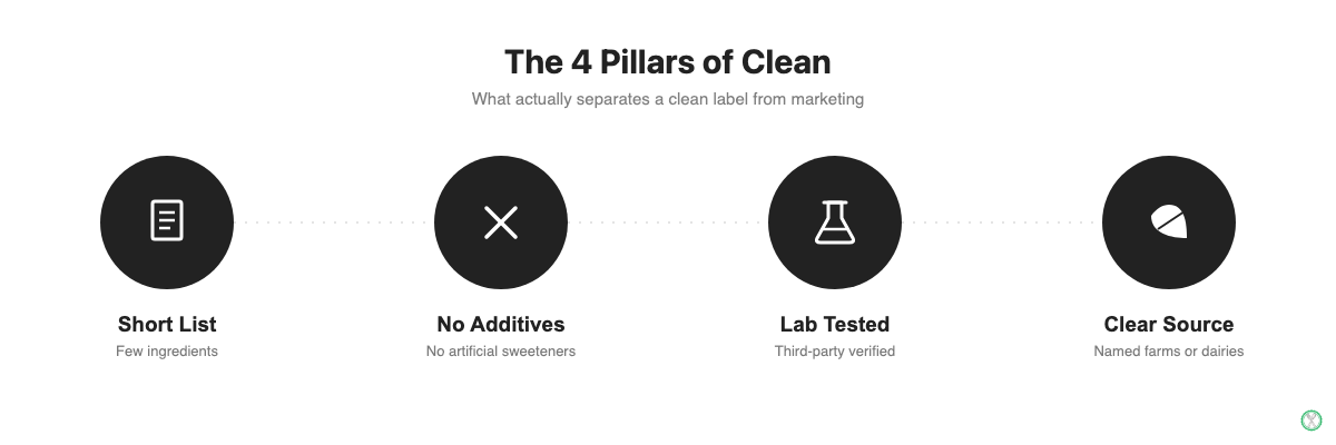 The 4 pillars of a clean protein powder label: short ingredient list, no additives, third-party lab testing, and clear sourcing