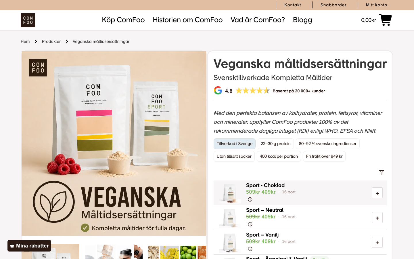 ComFoo veganska måltidsersättningar med Sport-varianter och priser