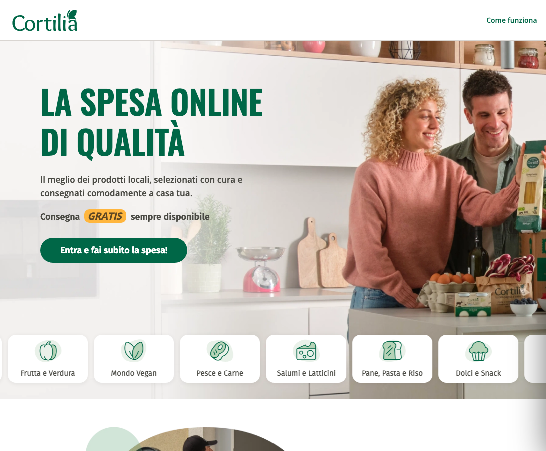 Homepage di Cortilia con le categorie di prodotti freschi in vendita