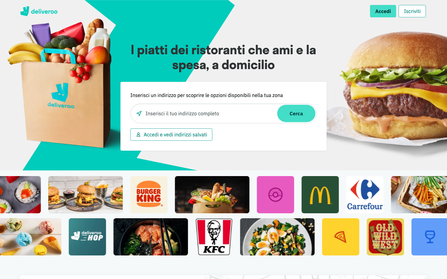 Homepage di Deliveroo con la ricerca indirizzo e i ristoranti partner in evidenza
