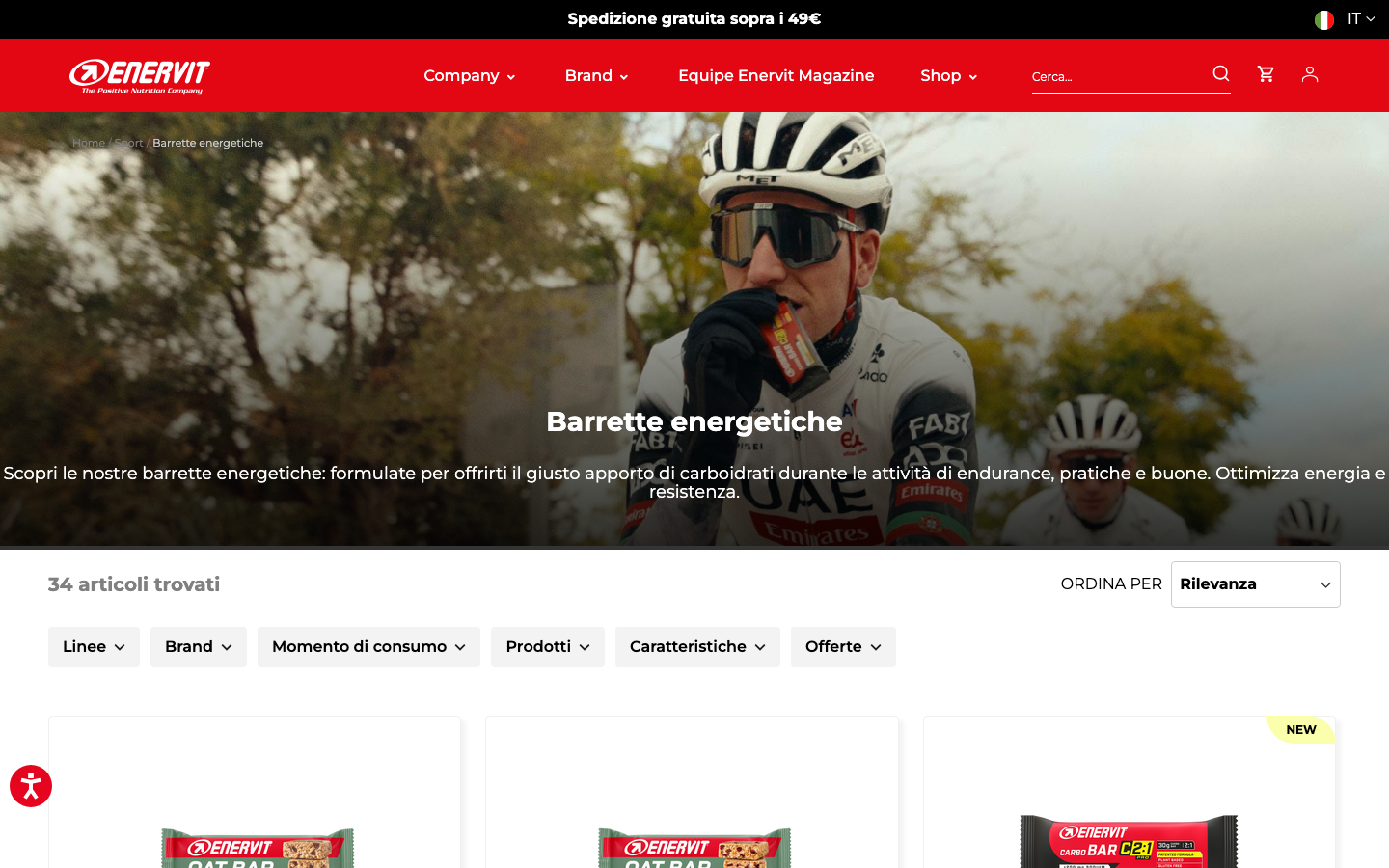Pagina del catalogo Enervit dedicata alle barrette energetiche per lo sport.