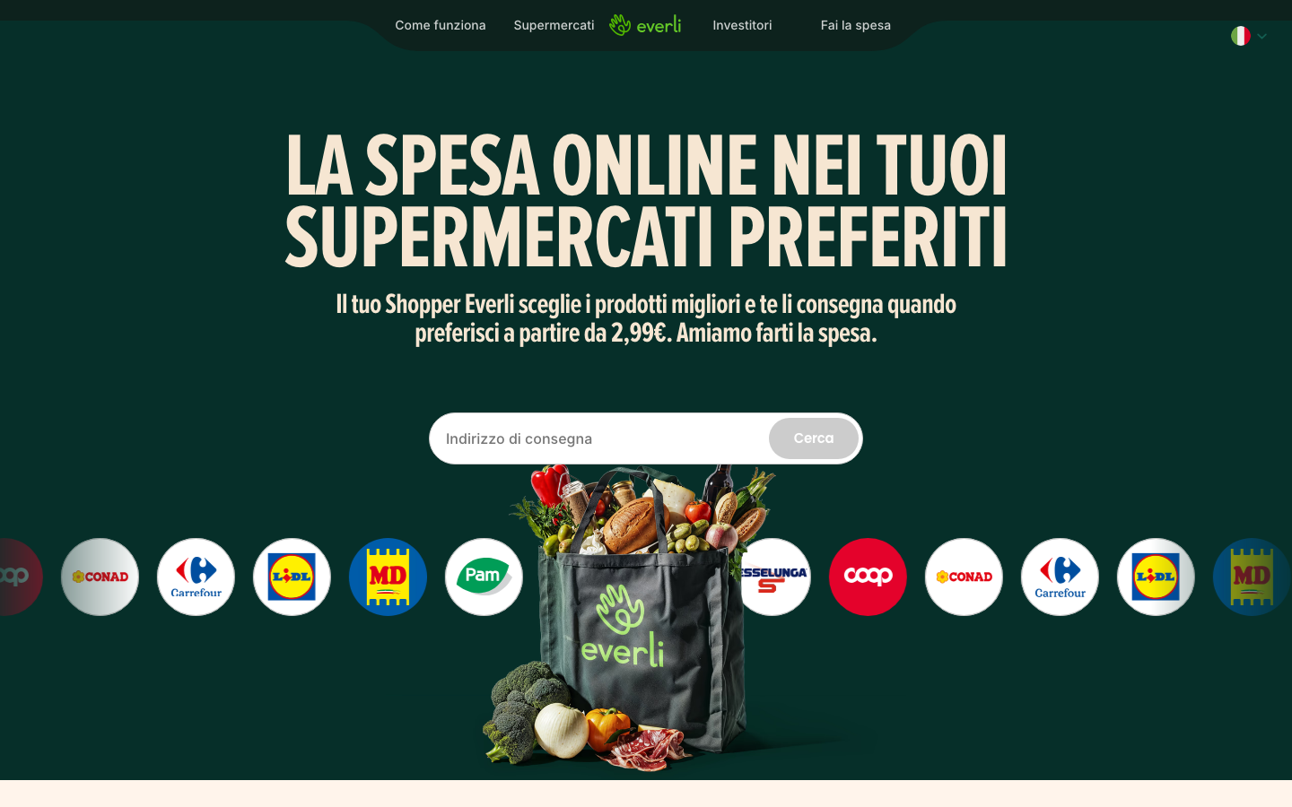 Homepage di Everli con i loghi dei supermercati partner come Conad, Lidl e Carrefour