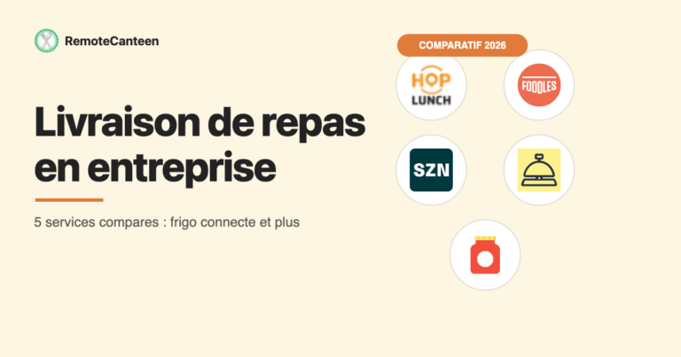 Cinq icones de prestataires de livraison de repas en entreprise autour du titre de l article.