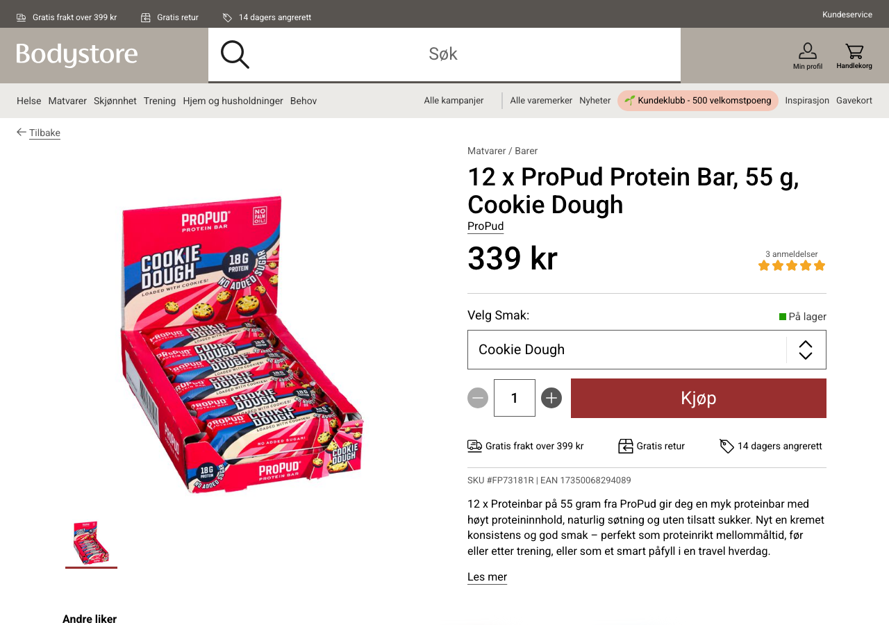 Produktside for ProPud Protein Bar Cookie Dough hos Bodystore, uten tilsatt sukker