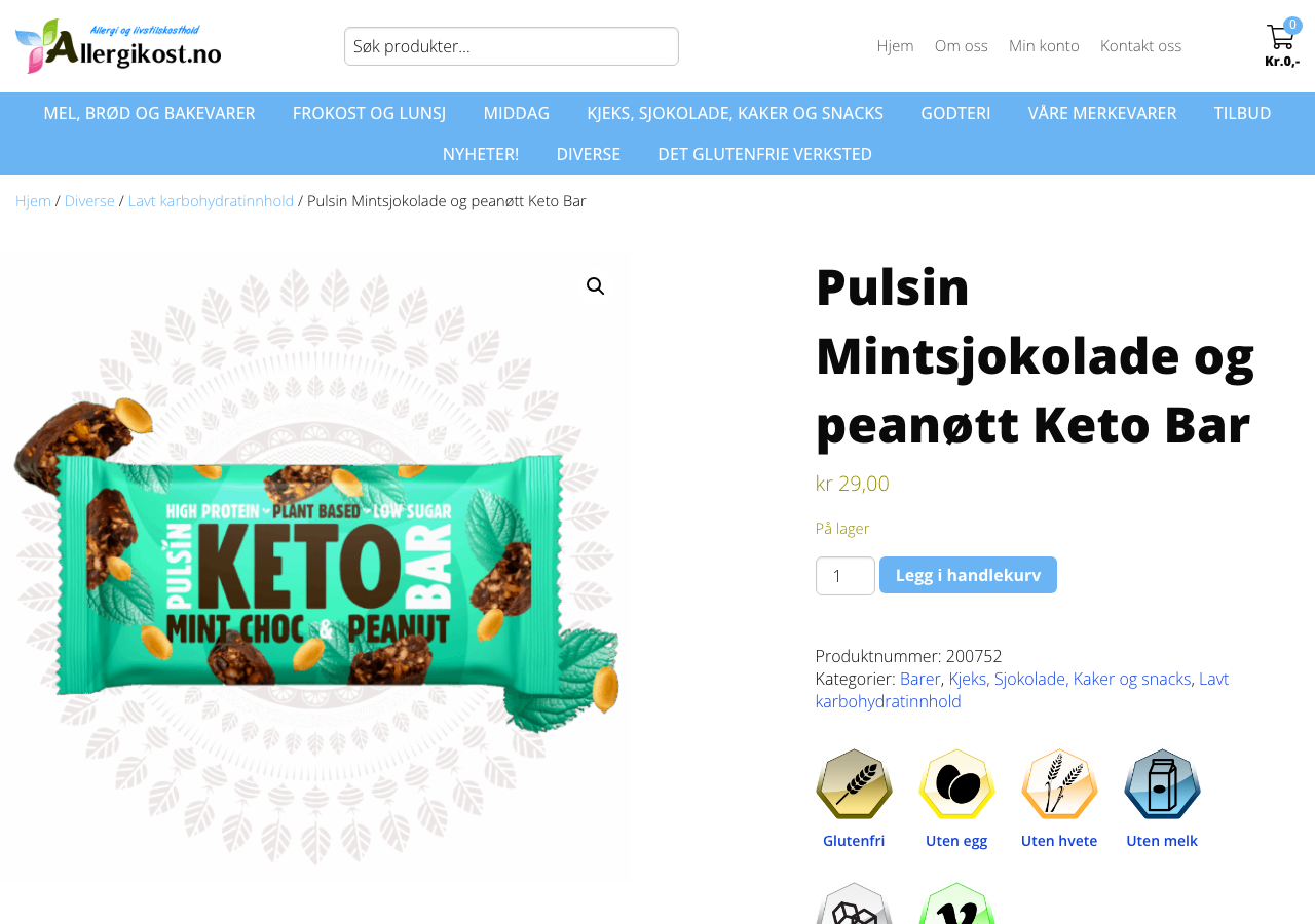 Produktside for Pulsin Mint Choc og Peanut Keto Bar hos Allergikost, merket glutenfri og uten egg