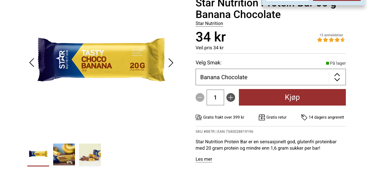 Produktside for Star Nutrition Protein Bar hos Bodystore, glutenfri proteinbar uten tilsatt sukker