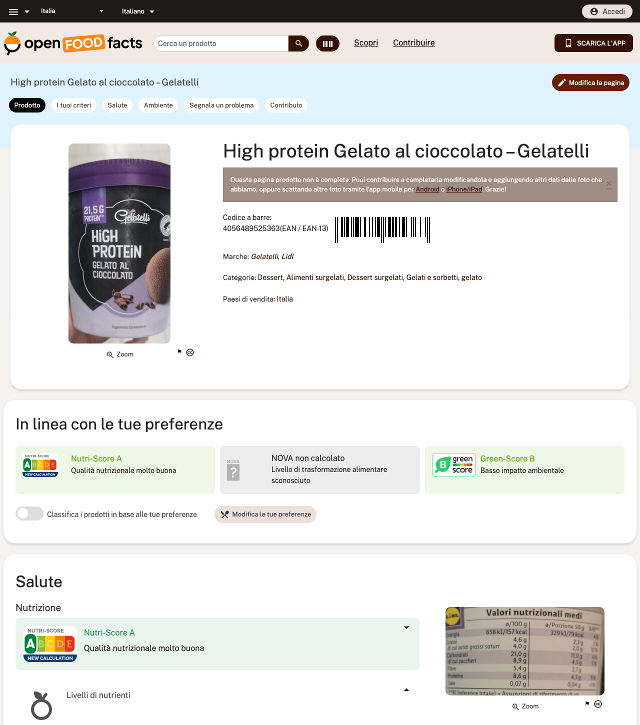 Scheda Open Food Facts di Gelatelli High Protein Gelato al cioccolato (Lidl) con etichetta nutrizionale: 157 kcal e 8,6 g di proteine per 100 g