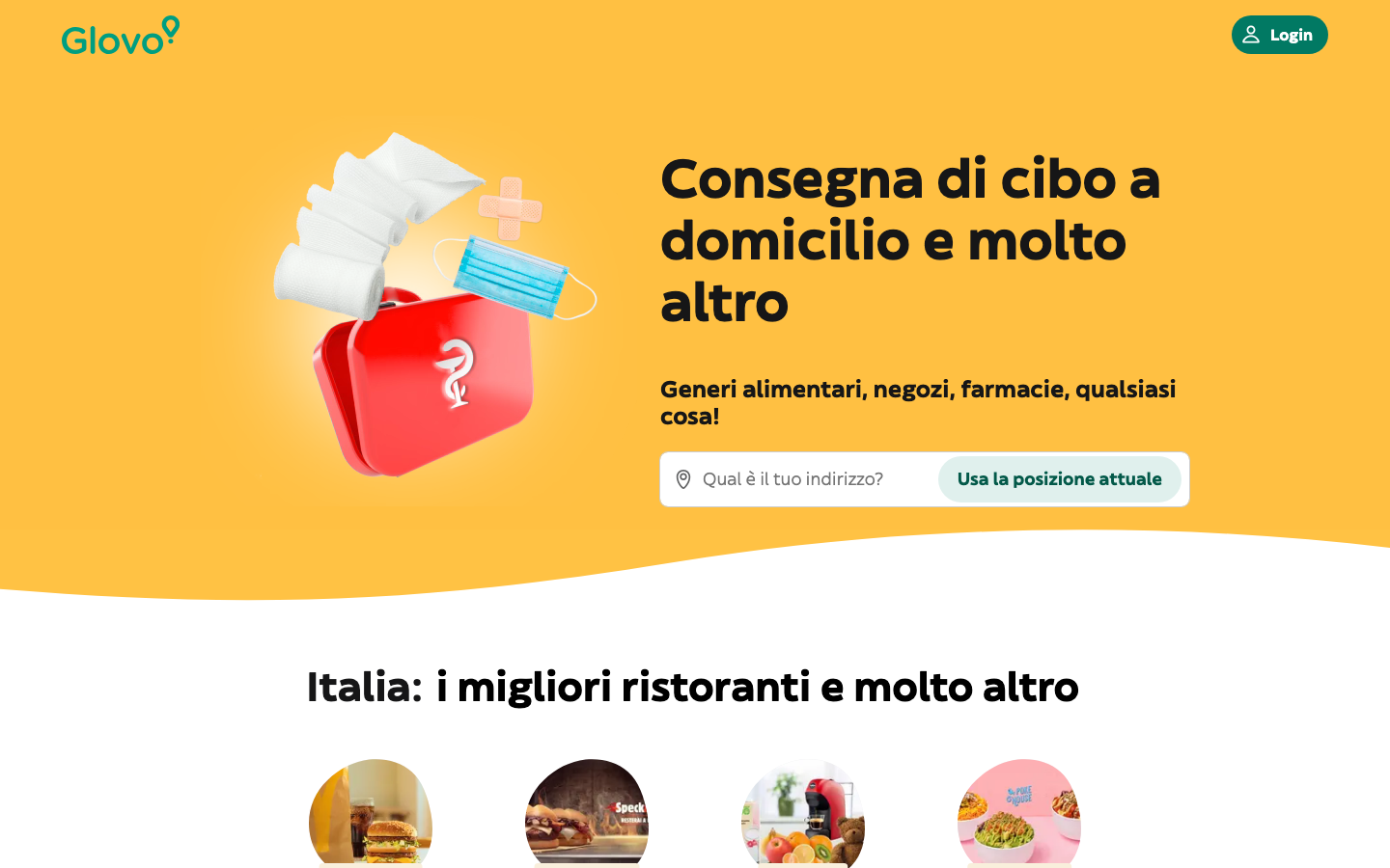Homepage di Glovo con il claim su consegna di cibo, spesa e farmacia