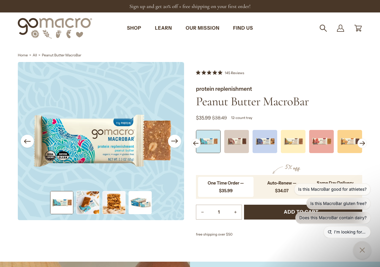 GoMacro Peanut Butter MacroBar product page on gomacro.com showing 11g protein and organic ingredient list