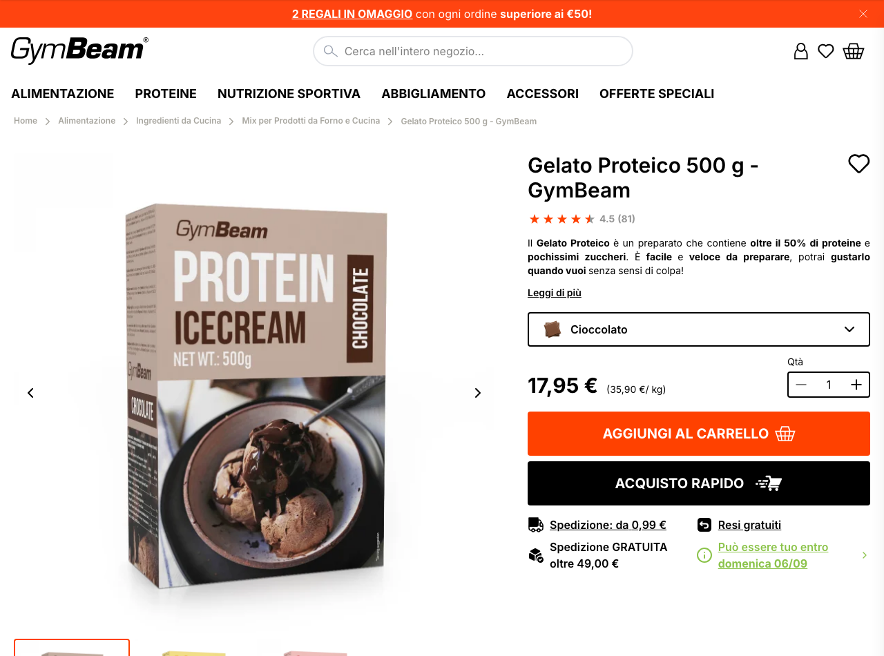 Pagina prodotto GymBeam Gelato Proteico 500 g, prezzo 17,95 euro, valutazione 4,5 su 5 (81 recensioni)