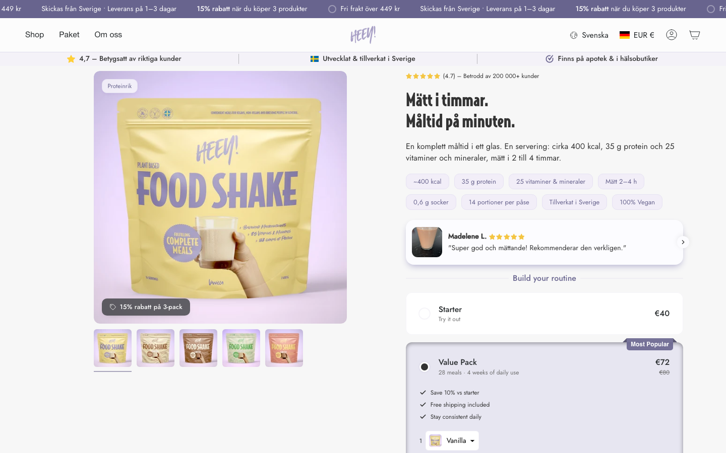 HEEY Food Shake produktsida med protein, kalorier och pris