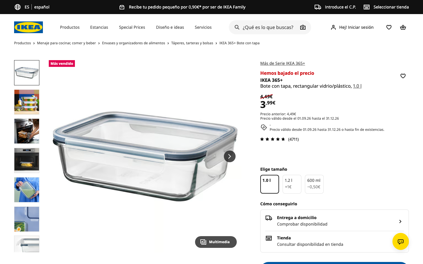 Captura de la ficha oficial de IKEA para el bote IKEA 365+ de vidrio con tapa de 1 litro, con precio y valoraciones visibles.