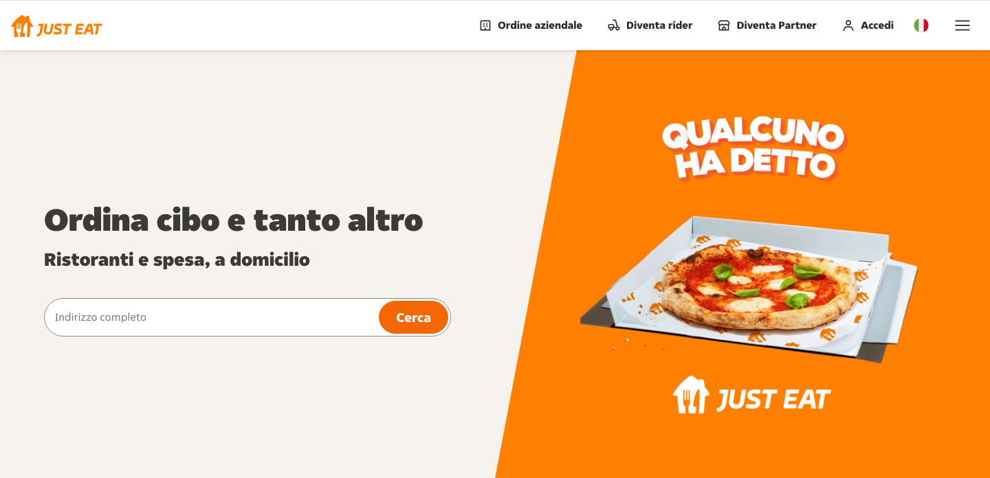 Homepage di Just Eat con il campo di ricerca indirizzo per ordinare cibo a domicilio