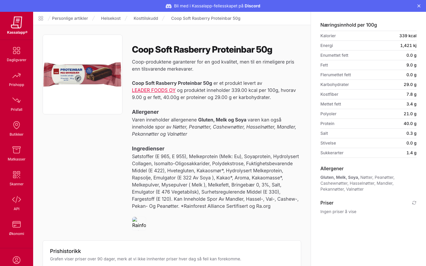 Produktside for Coop Soft Raspberry Proteinbar 50g på Kassalapp med naeringsinnhold