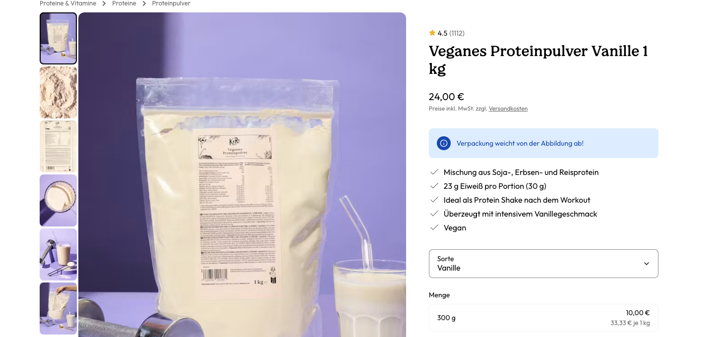 Produktseite des KoRo veganen Proteinpulvers Vanille mit Preis, Bewertung und Eiweißangabe pro Portion.