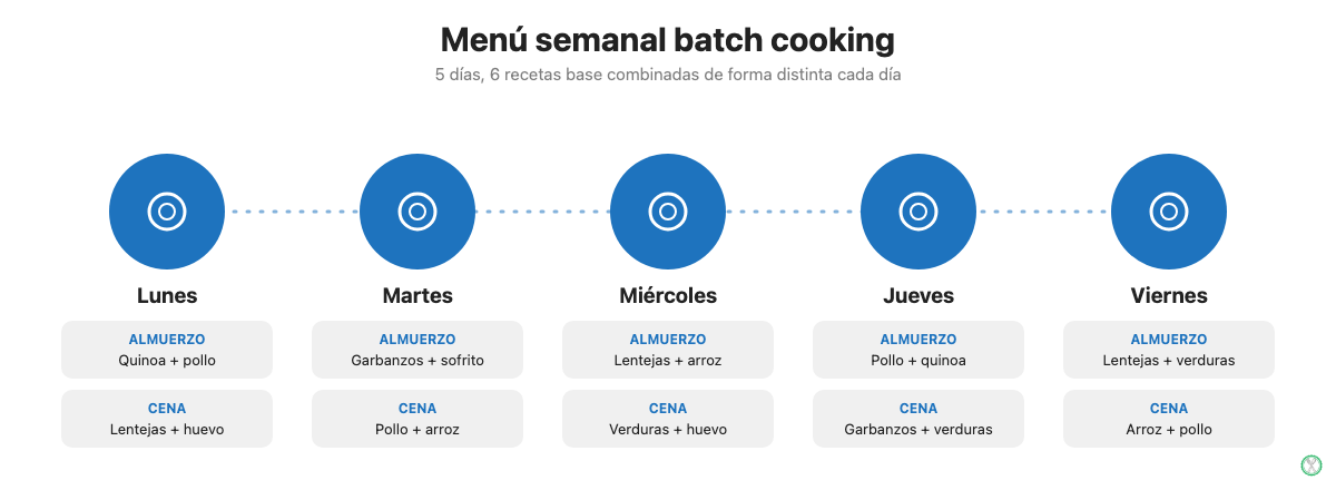 Infografía del menú semanal de batch cooking: cinco días de lunes a viernes con el almuerzo y la cena combinando las seis recetas base