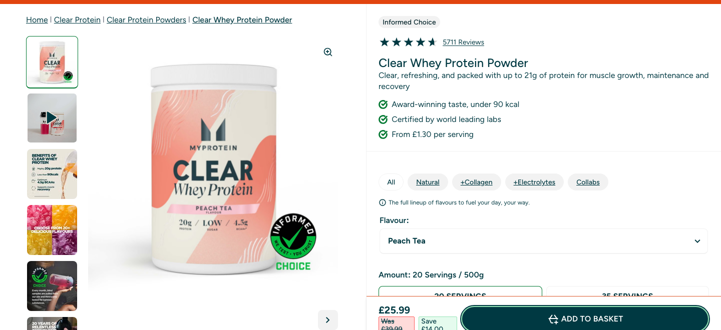 MyProtein Clear Whey Protein Powder product page on myprotein.com showing price and rating