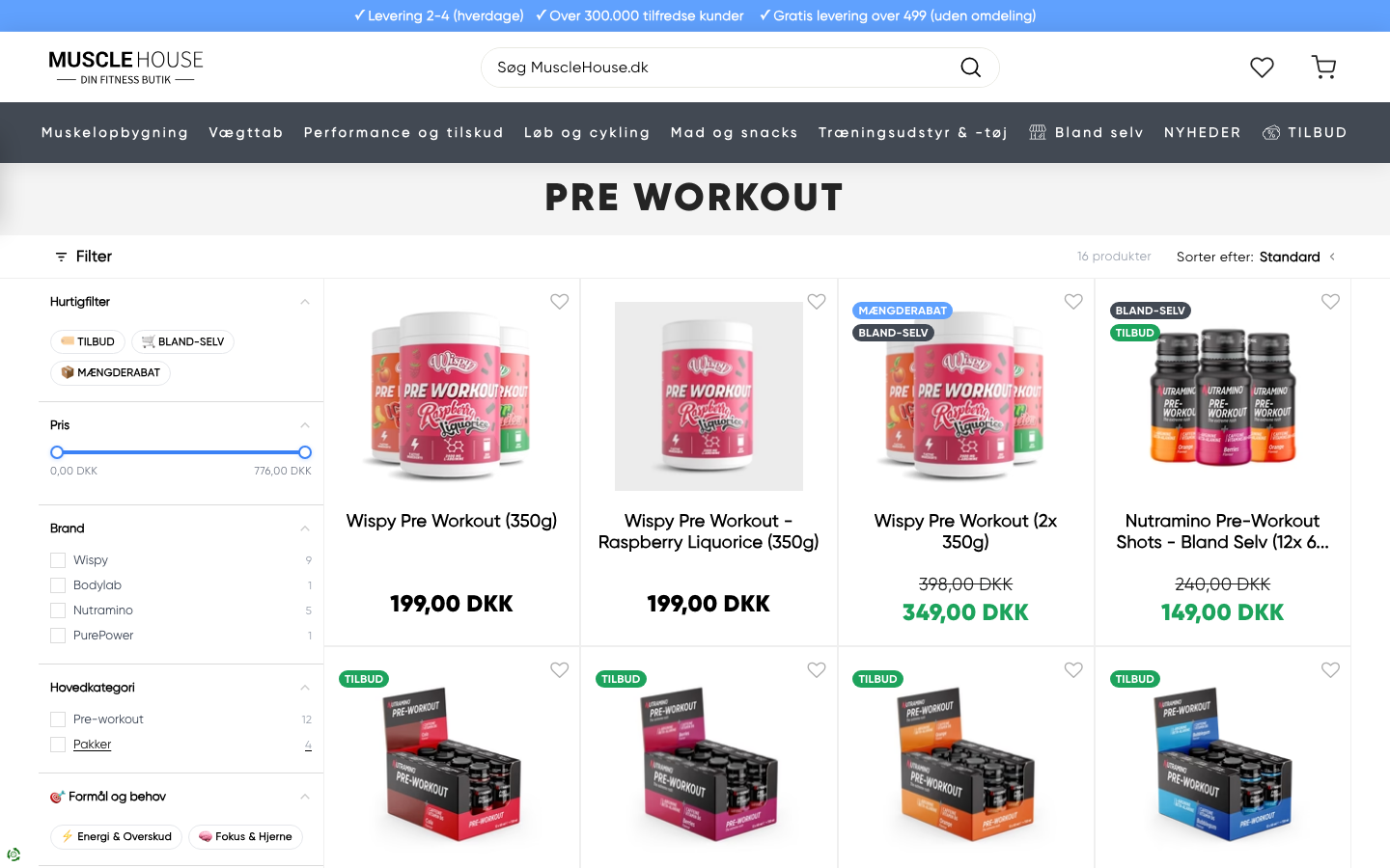 Musclehouse.dk pre-workout-kategori med Wispy Pre Workout-produkterne