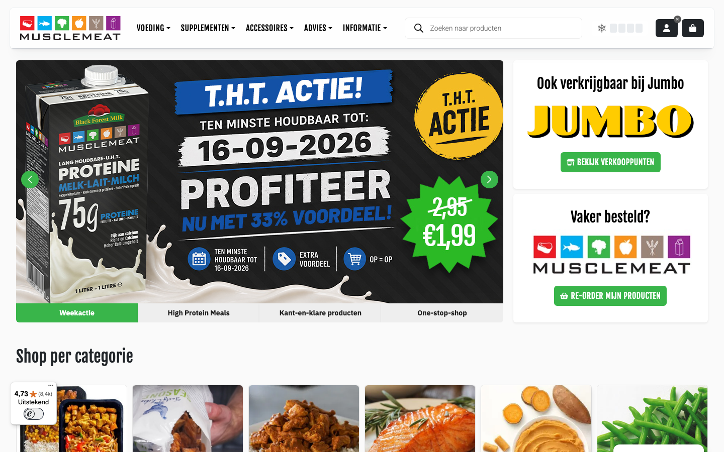 Homepage van Muscle Meat met High Protein Meals en huidige actie