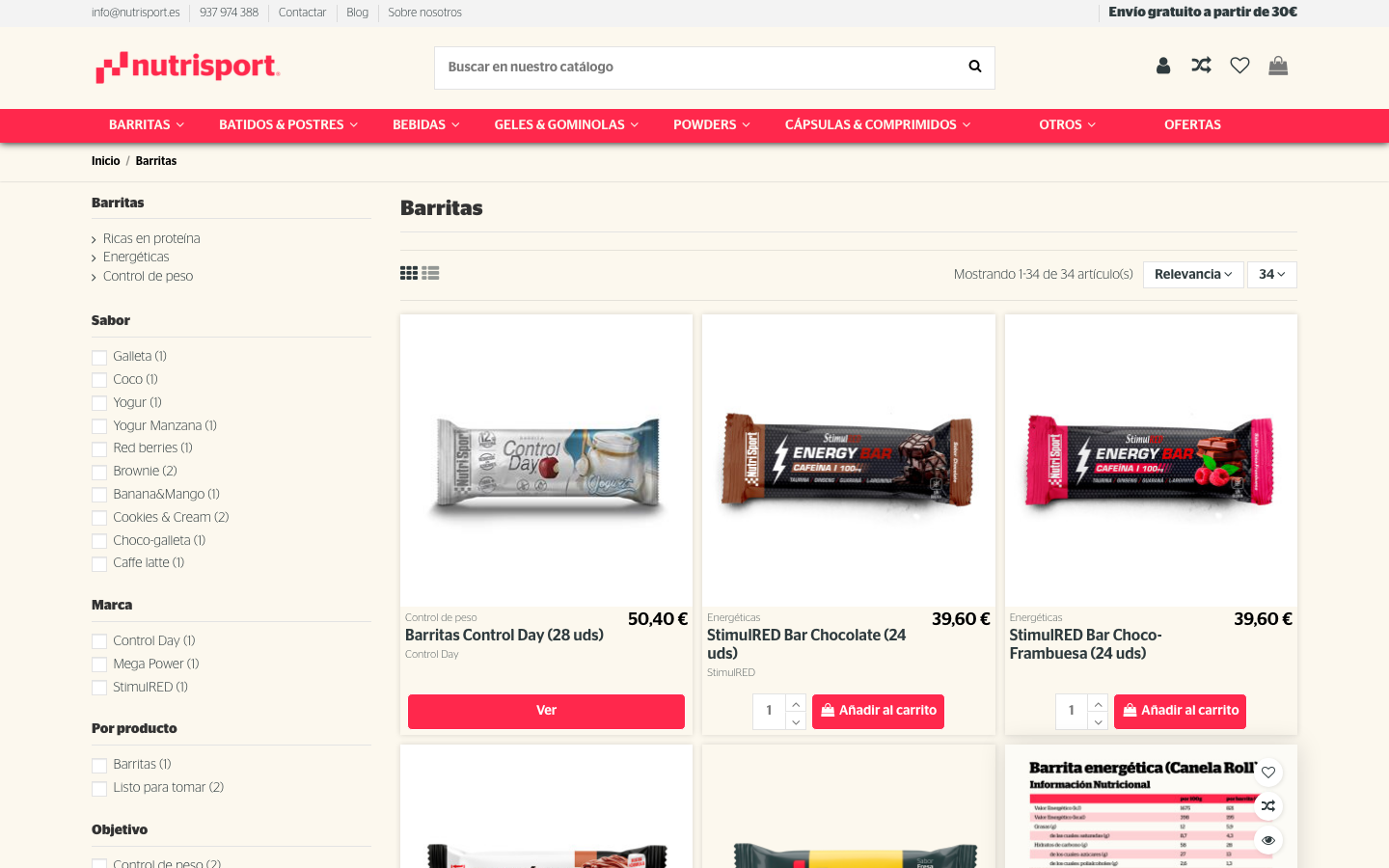 Catálogo de barritas Nutrisport en la tienda oficial nutrisport.es, con precios visibles