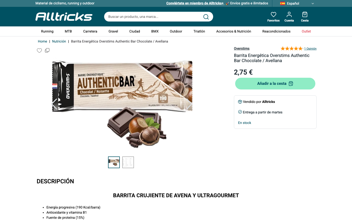 Ficha de producto de la barrita Overstims Authentic Bar Chocolate/Avellana en Alltricks