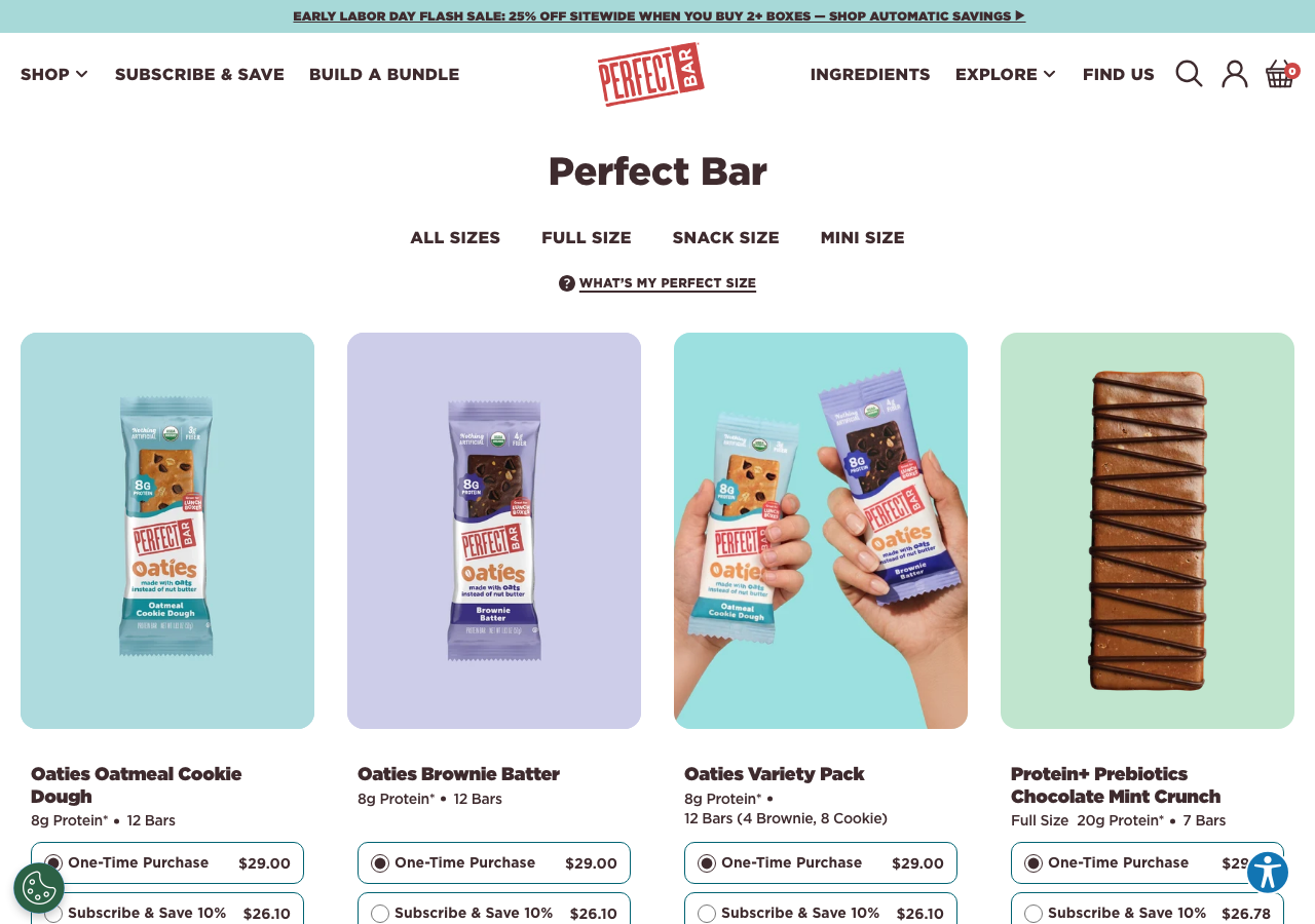 Perfect Bar refrigerated protein bar product grid on perfectsnacks.com