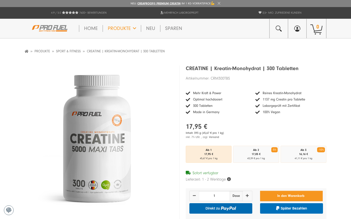 Produktseite von profuel CREATINE Tabletten mit Preis und Kreatin-Gehalt pro Tablette
