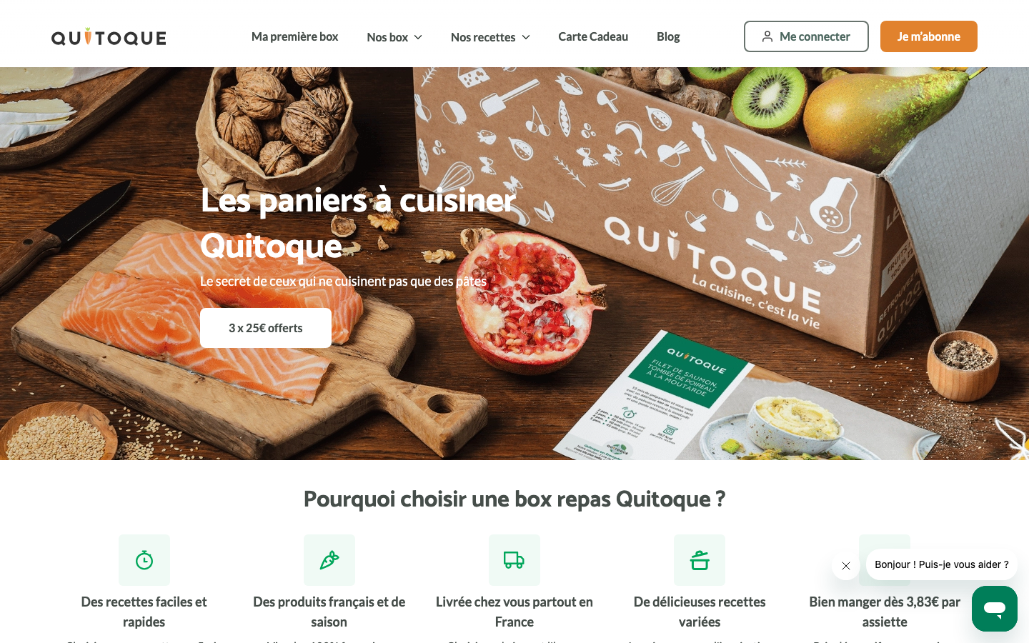 Page des paniers Quitoque avec le prix de départ par assiette et les avantages du service.
