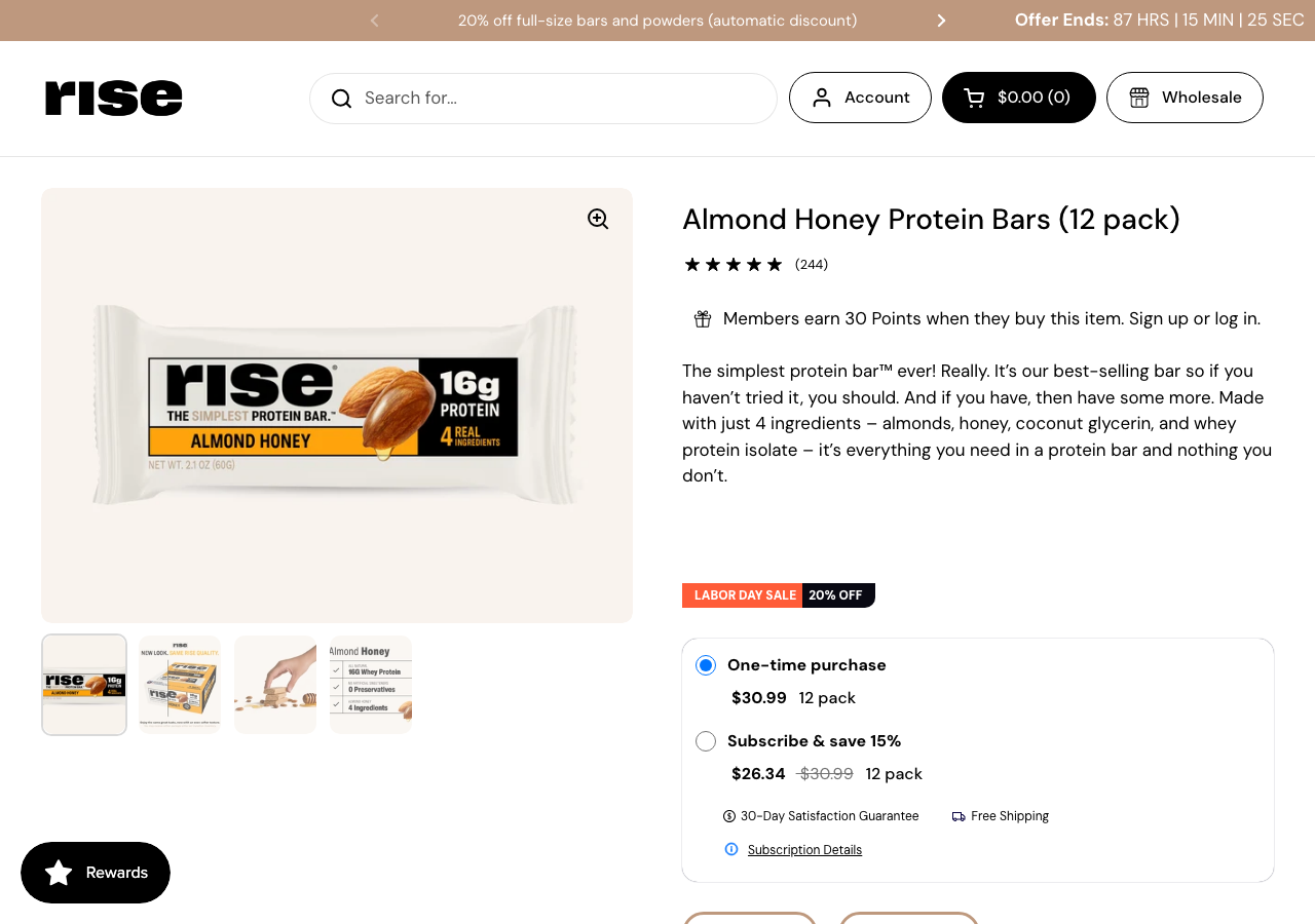 Rise Bar Almond Honey Protein Bar product page on risebar.com showing 16g protein and 4-ingredient list