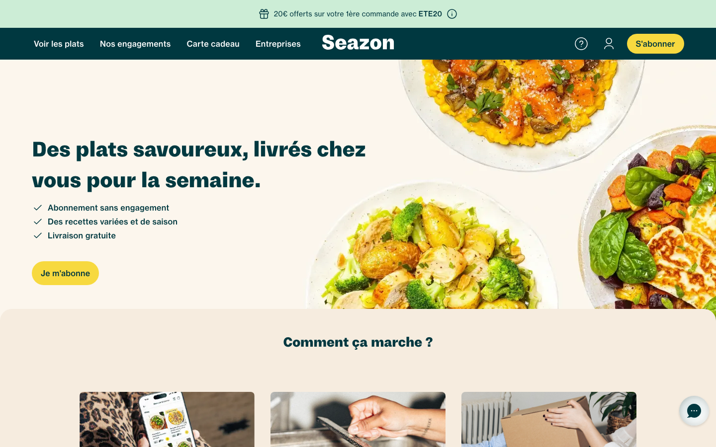 Page d'accueil Seazon avec la carte de plats cuisinés par des chefs
