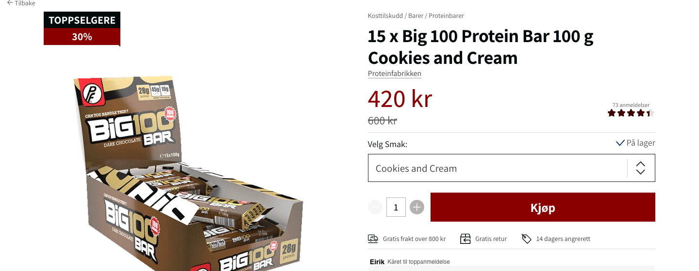 Skjermbilde av Proteinfabrikken Big 100 proteinbar 15-pakning til 420 kroner