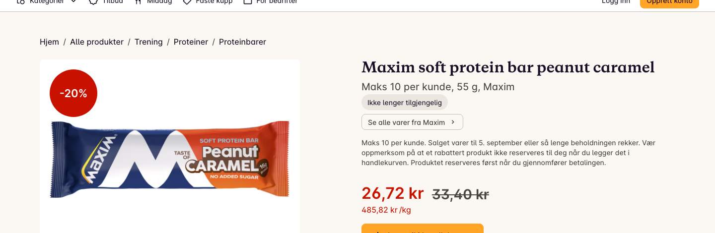 Skjermbilde av Maxim Soft Protein Bar Peanut Caramel til 26,72 kroner hos Oda