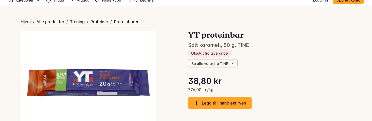 Skjermbilde av YT proteinbar fra Tine, utsolgt fra leverandør, hos Oda