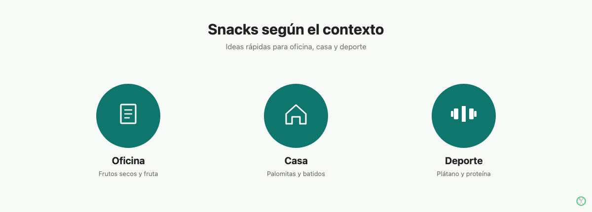 Tres iconos que representan snacks saludables para la oficina, la casa y el deporte
