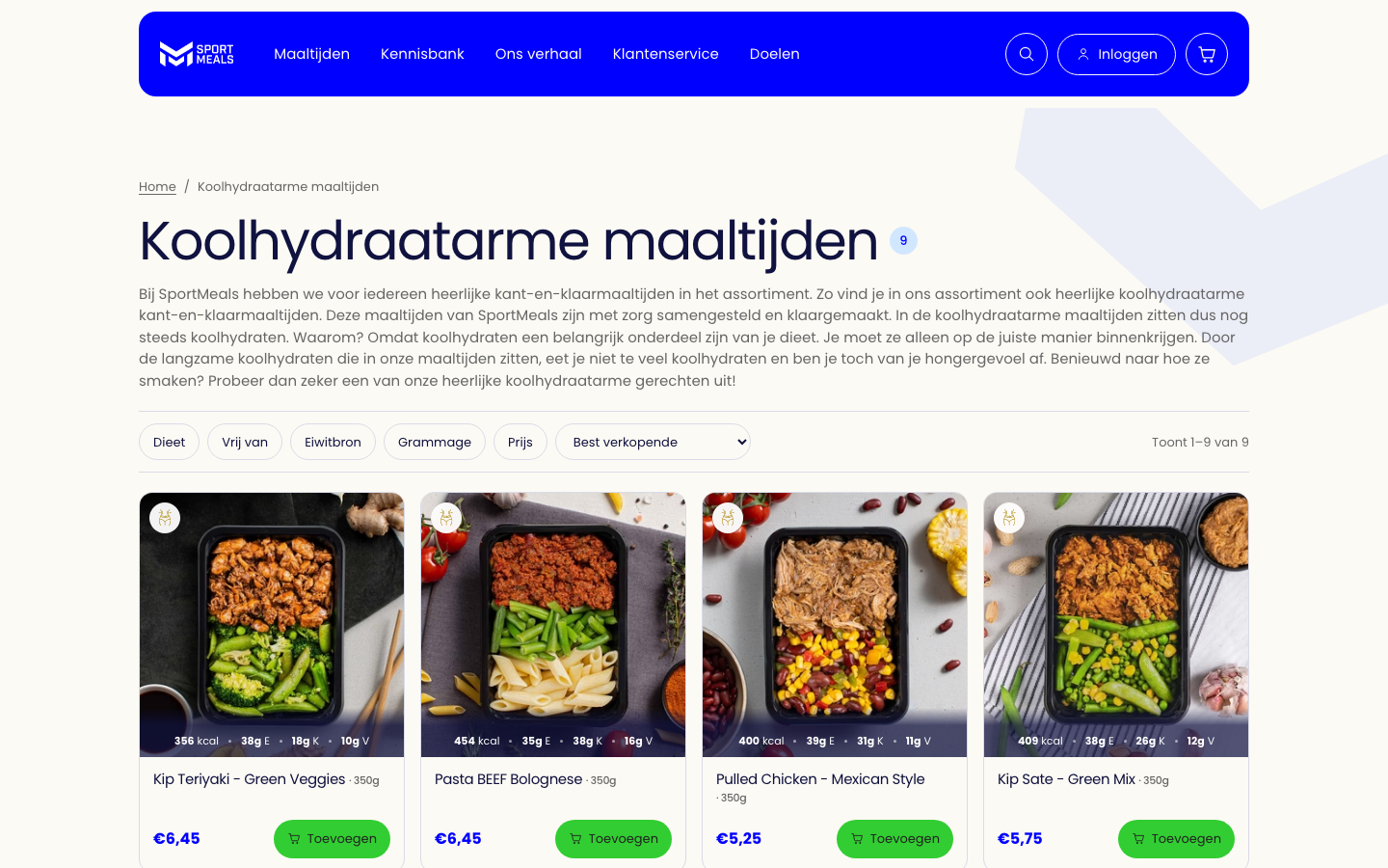 Koolhydraatarme maaltijden collectie op de website van SportMeals