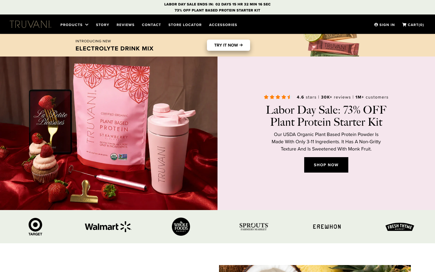 Truvani homepage showing the Plant Based Protein package, USDA Organic badge, and 4.6-star rating from over 30,000 reviews
