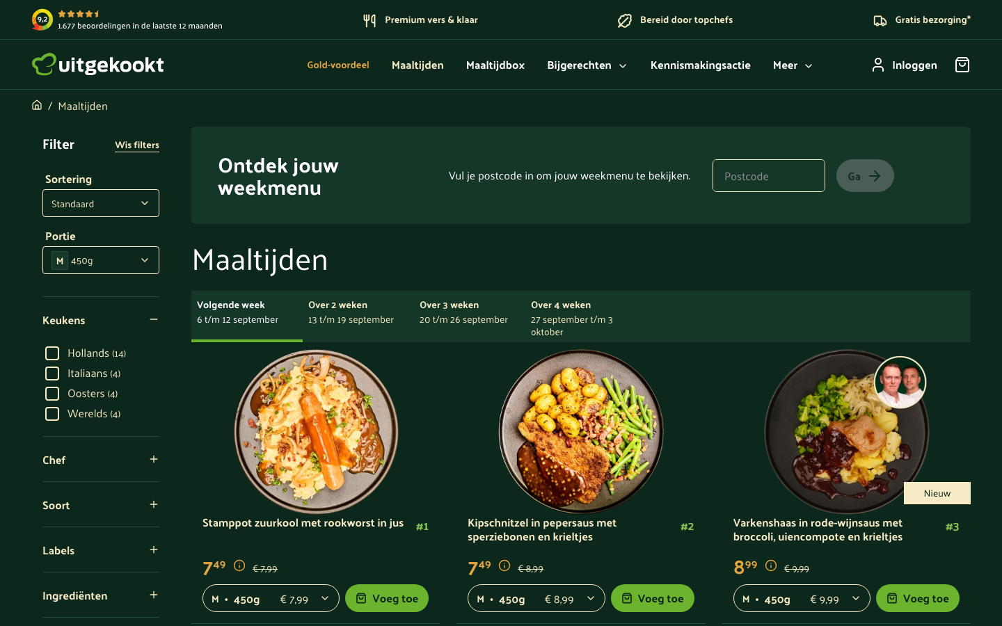 Screenshot van het wekelijkse maaltijdenoverzicht op uitgekookt.nl met prijzen per gerecht