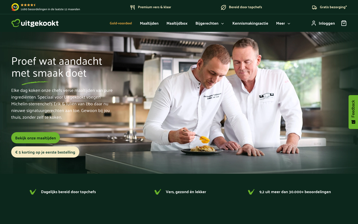 Homepage van Uitgekookt, aanbieder van koolhydraatarme kant-en-klaarmaaltijden