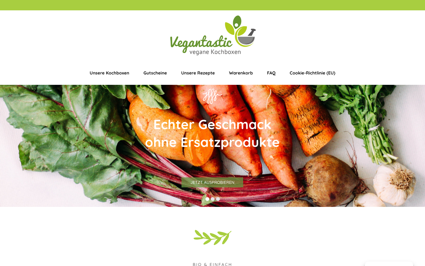 Startseite von Vegantastic mit veganen Kochboxen.