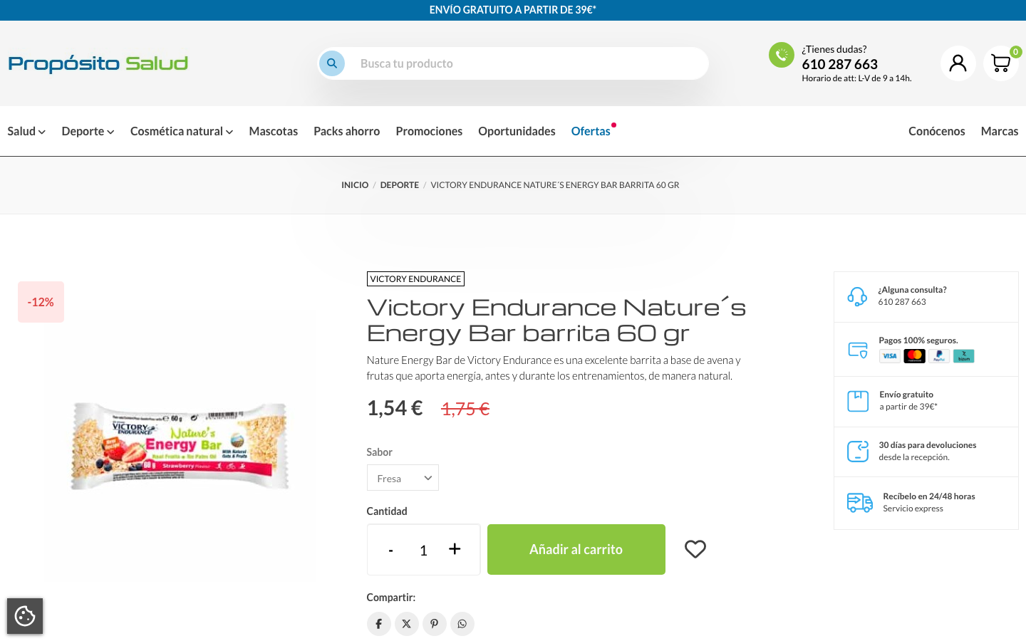 Ficha de producto de Victory Endurance Nature's Energy Bar en la tienda Propósito Salud