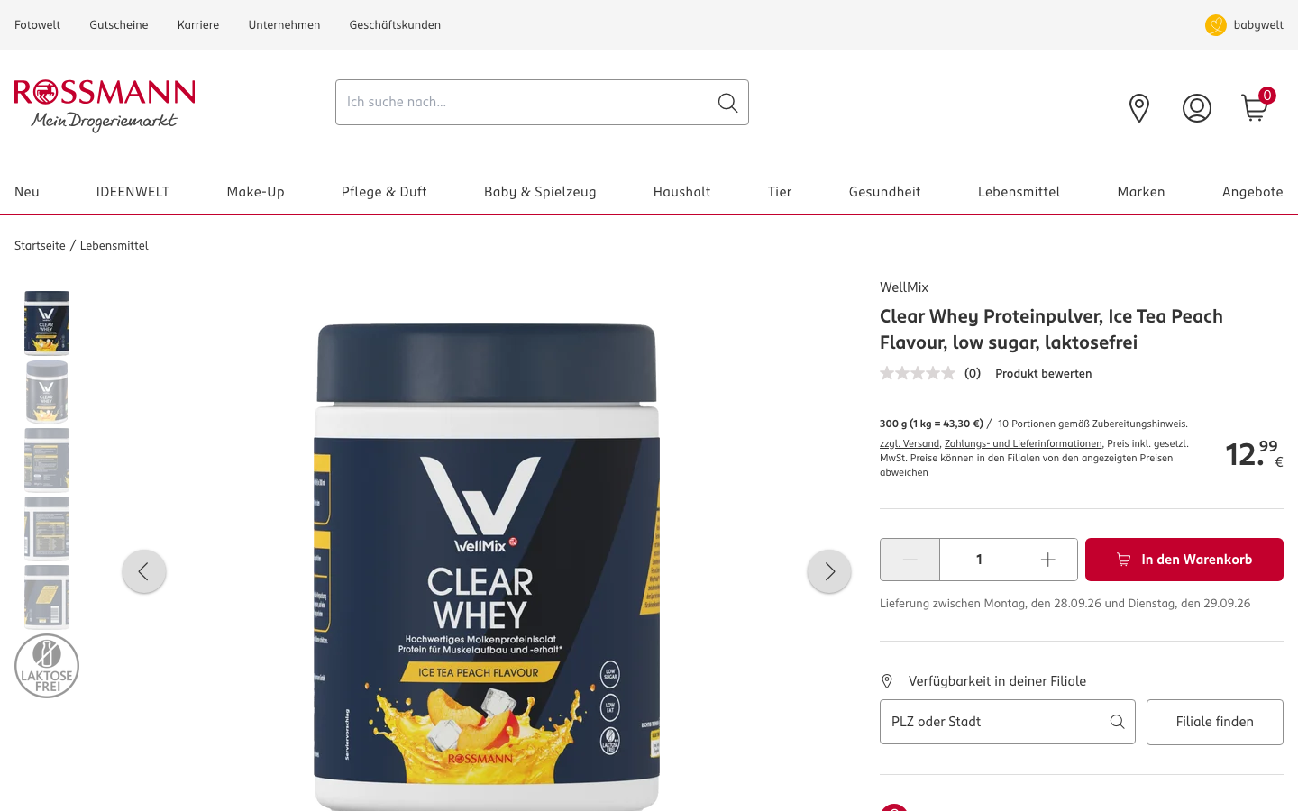 WellMix Clear Whey Ice Tea Peach Flavour Produktseite bei Rossmann