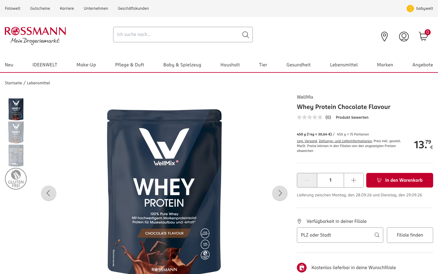 WellMix Whey Protein Chocolate Flavour Produktseite bei Rossmann